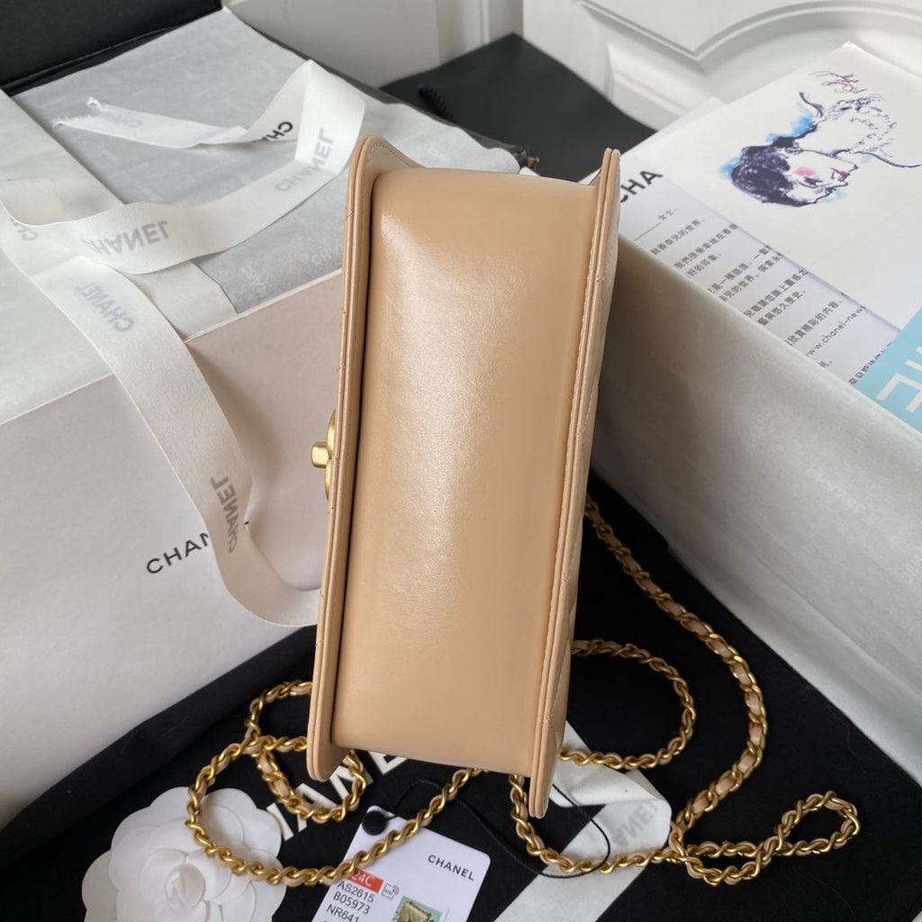 CC MINI 19 Klapptasche in Dunkelbeige Kalbsleder mit goldenen Beschlägen