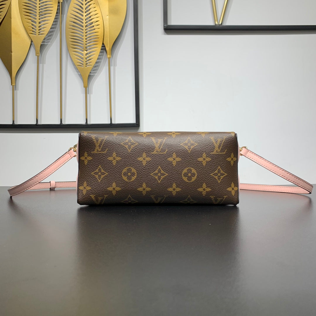 BLOOM POUCH 22 AUS BRAUNEM MONOGRAMM-CANVAS UND SEITEN AUS PASTELROSEM KALBSLEDER