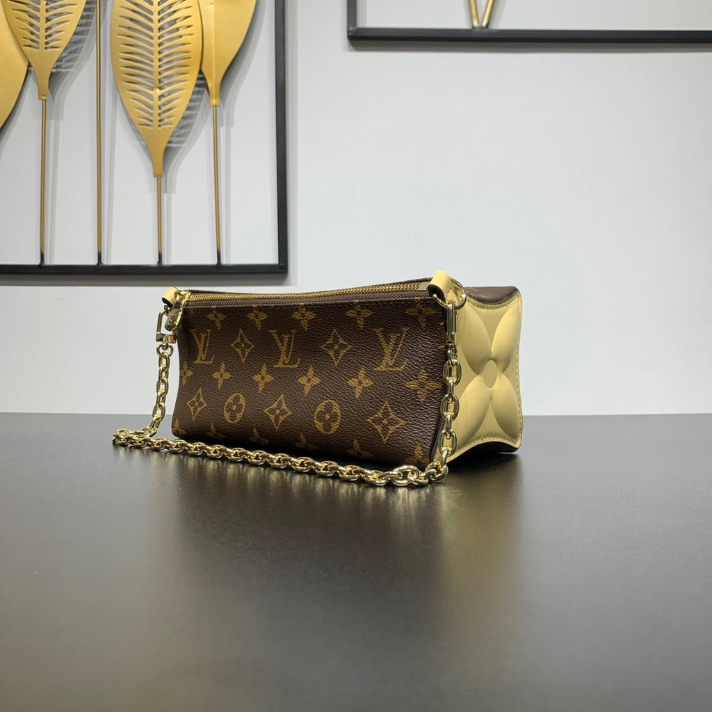 BLOOM POUCH 22 AUS BRAUNEN MONOGRAMM-CANVAS UND SEITEN AUS PASTELGEMÄLDEM KALBSLEDER