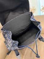 HIT THE ROAD BACKPACK WITH FLAP 51 IN WHITE AND BLUE TRIANGLE PATTERN FABRIC