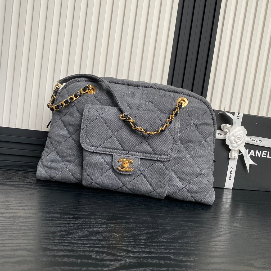 Bowlingtasche 44 in Santas Gray Denim mit goldenen Beschlägen