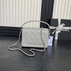 RETRO STYLE FLAP BAG 19 IN RHINO GRAY GRAINED CALFSKIN GOLD HARDWARE