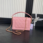 RETRO STYLE FLAP BAG 22 IN LIGHT PINK GRAINED CALFSKIN GOLD HARDWARE