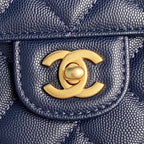 RETRO STYLE FLAP BAG 22 IN NAVY BLUE GRAINED CALFSKIN GOLD HARDWARE