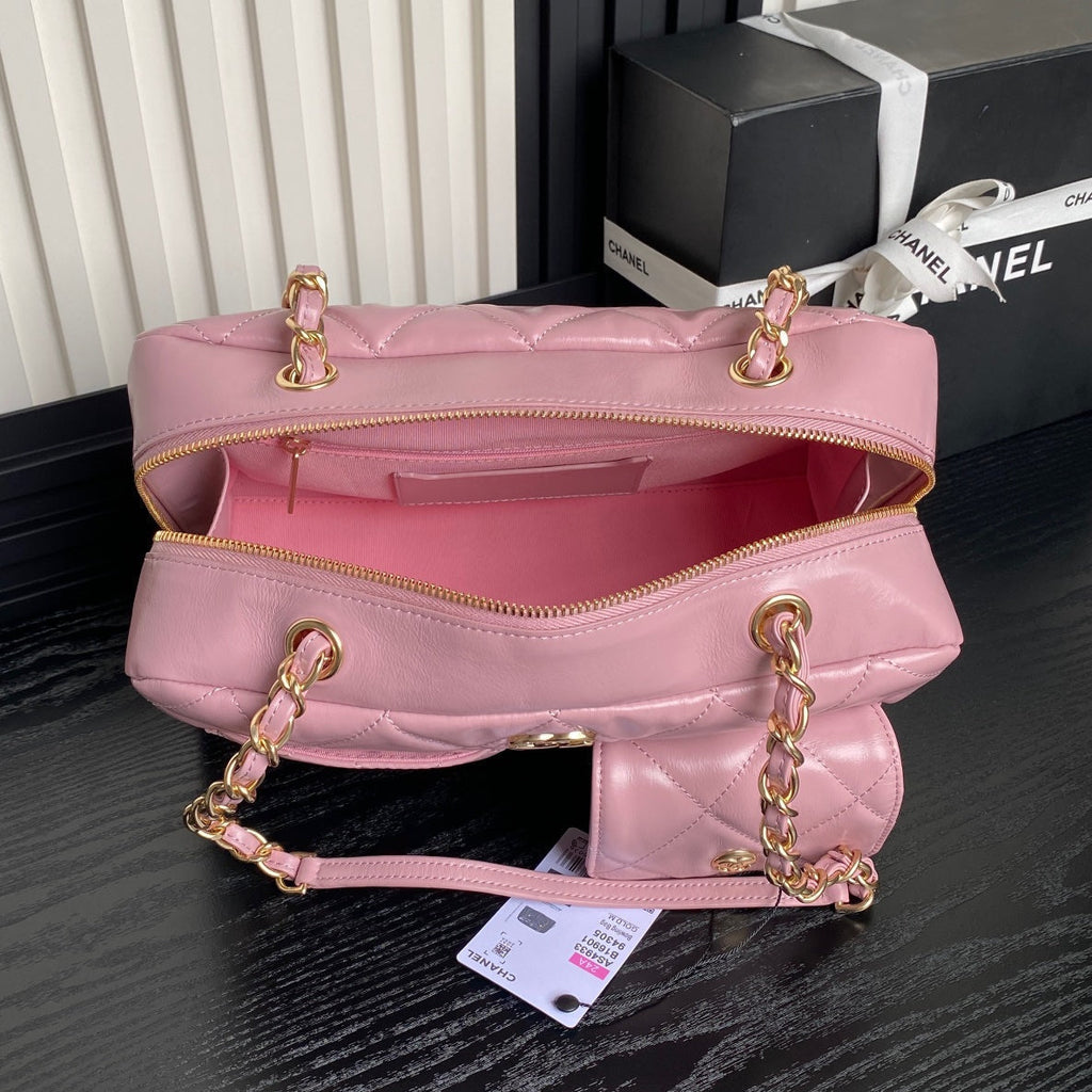 Bowlingtasche 29 Zoll, babyrosa Kalbsleder, goldene Beschläge