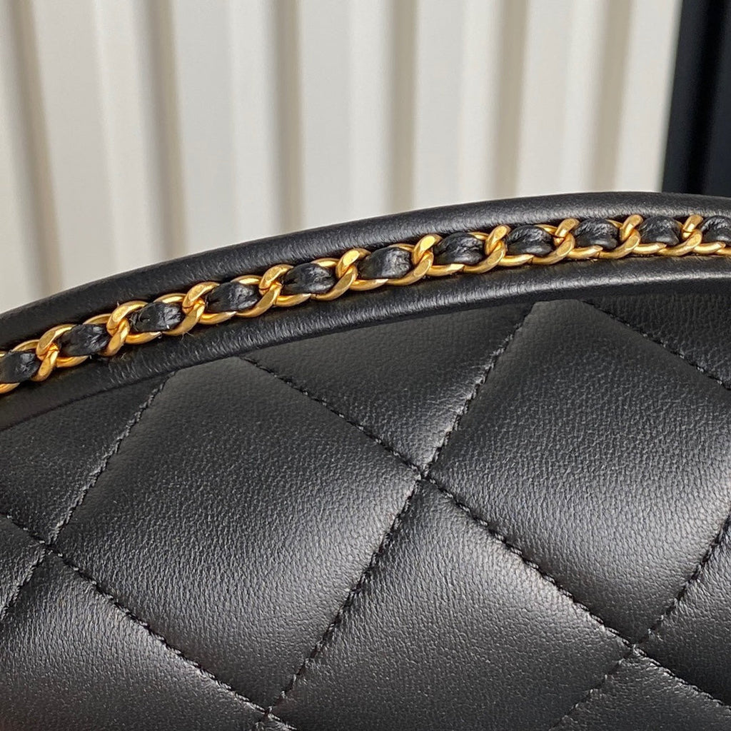 25C Klapptasche, 18 Zoll, schwarzes, glattes Lammleder, goldene Beschläge