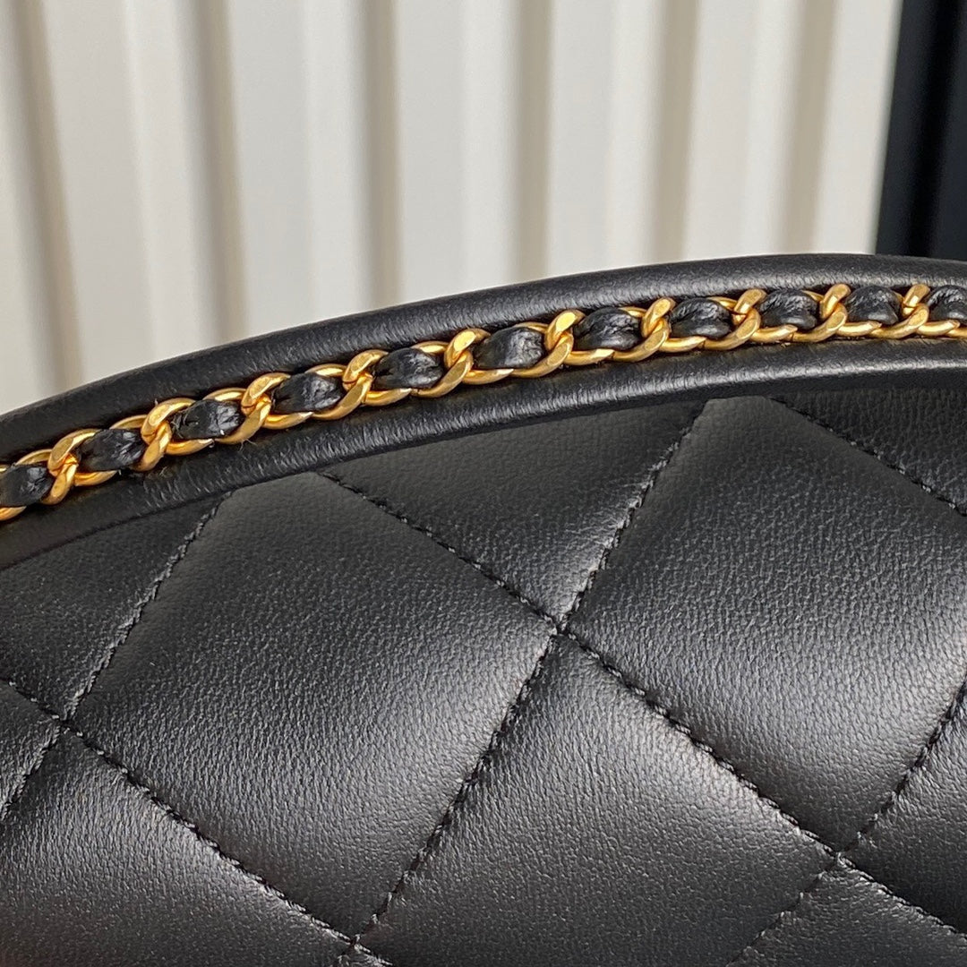 25C Klapptasche, 18 Zoll, schwarzes, glattes Lammleder, goldene Beschläge