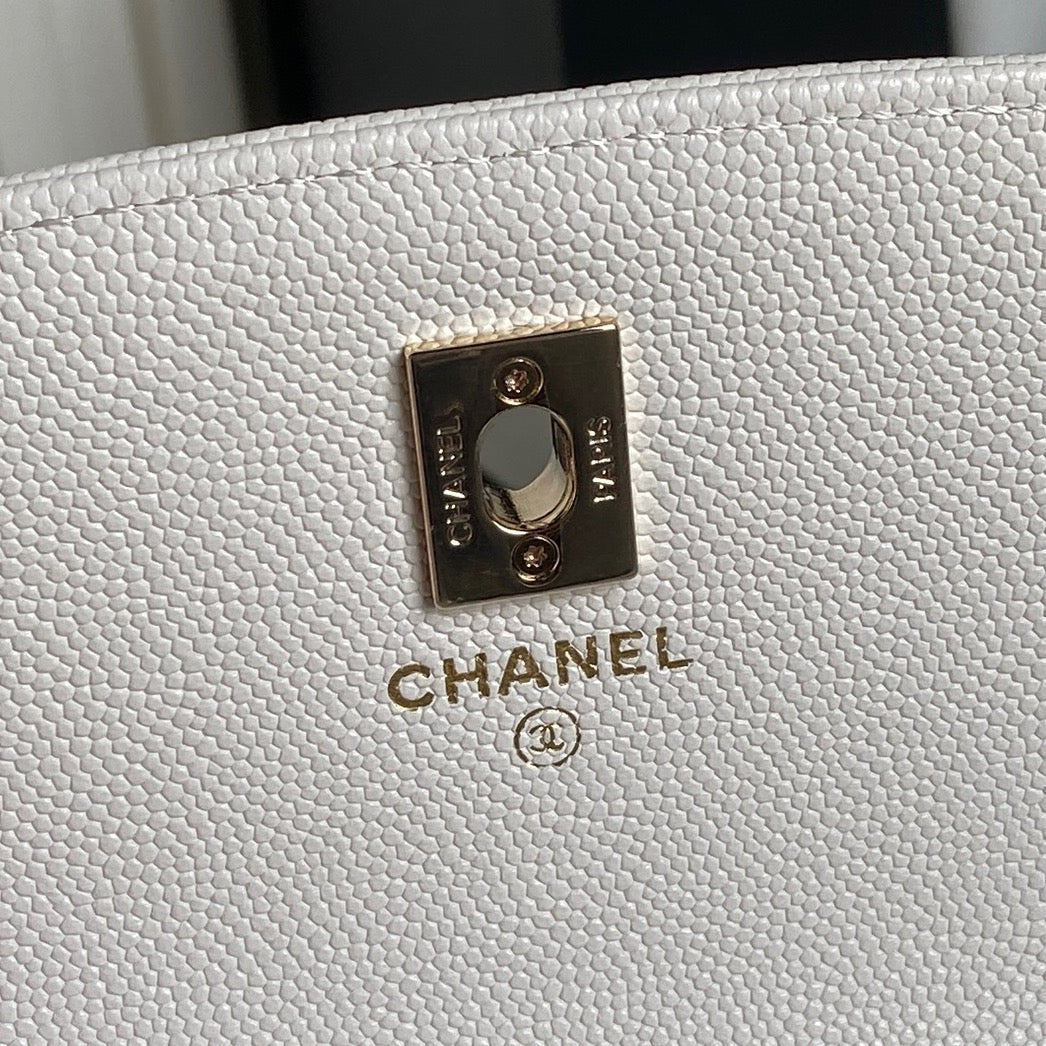 25C Klapptasche, 18 Zoll, weiß, glänzend, genarbtes Kalbsleder, goldene Beschläge