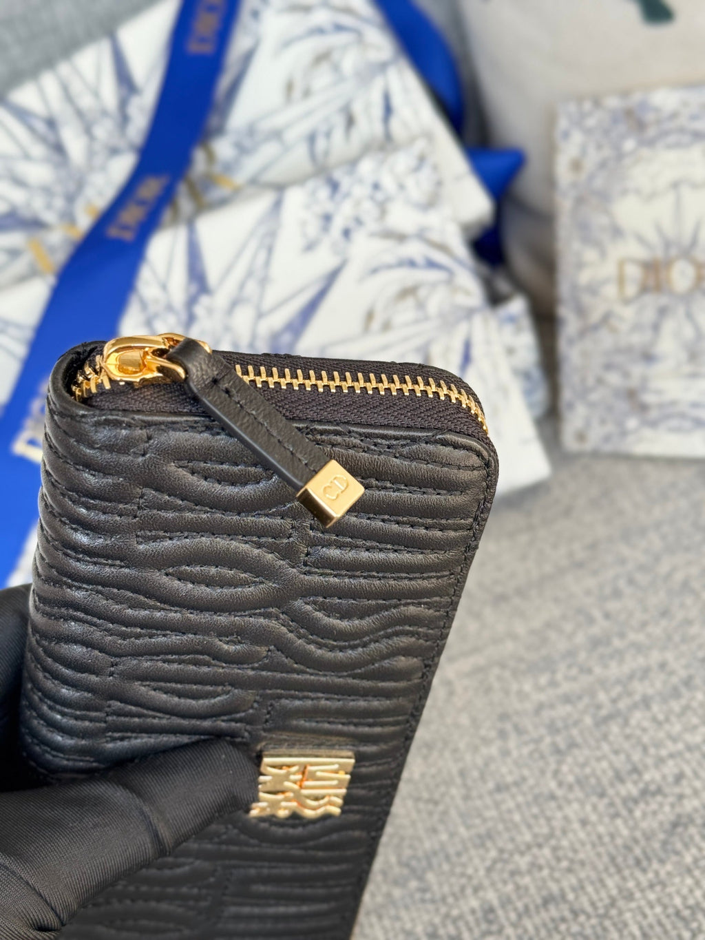 Vertikale, lange Geldbörse mit Reißverschluss, 20 Zoll, schwarz, komplett gesteppt, Kalbsleder