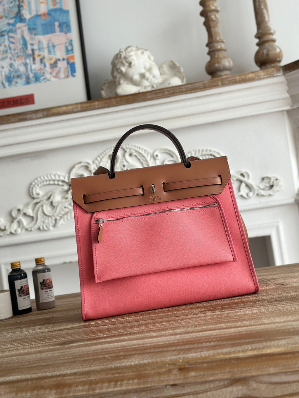 ZIP CABINE 31 BAG IN PUNCH PINK CANVAS AND BRONZE BROWN CALFSKIN