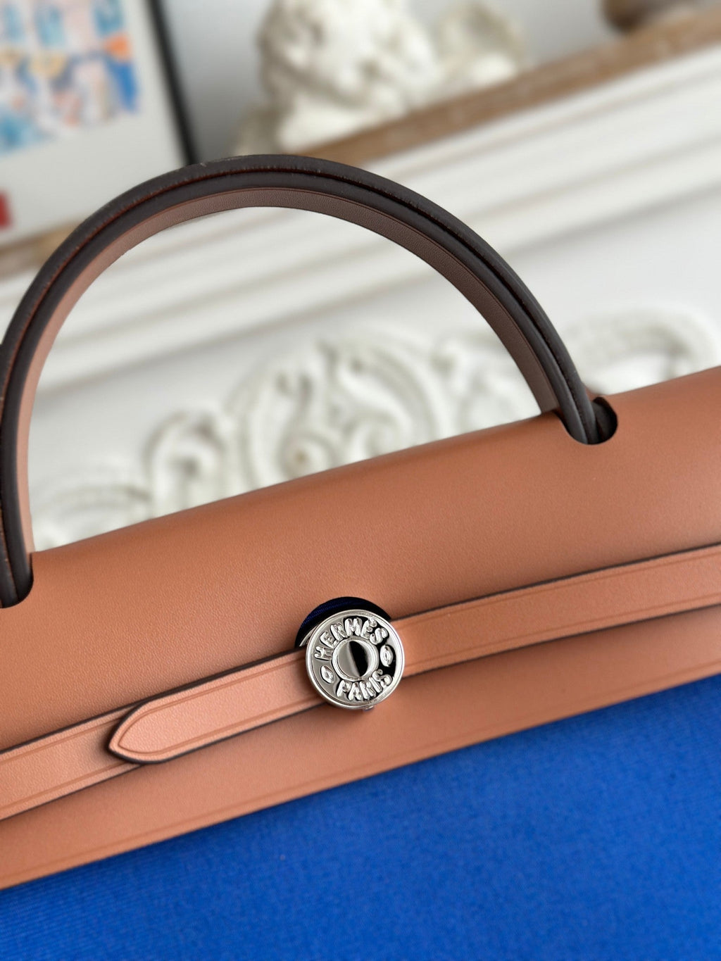 ZIP CABINE 31 BAG IN COBALT BLUE CANVAS AND BRONZE BROWN CALFSKIN