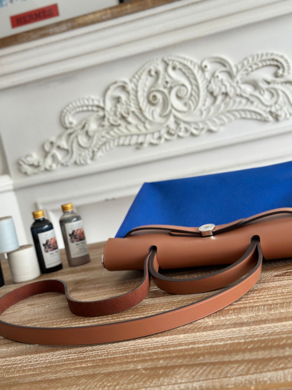 ZIP CABINE 31 BAG IN COBALT BLUE CANVAS AND BRONZE BROWN CALFSKIN