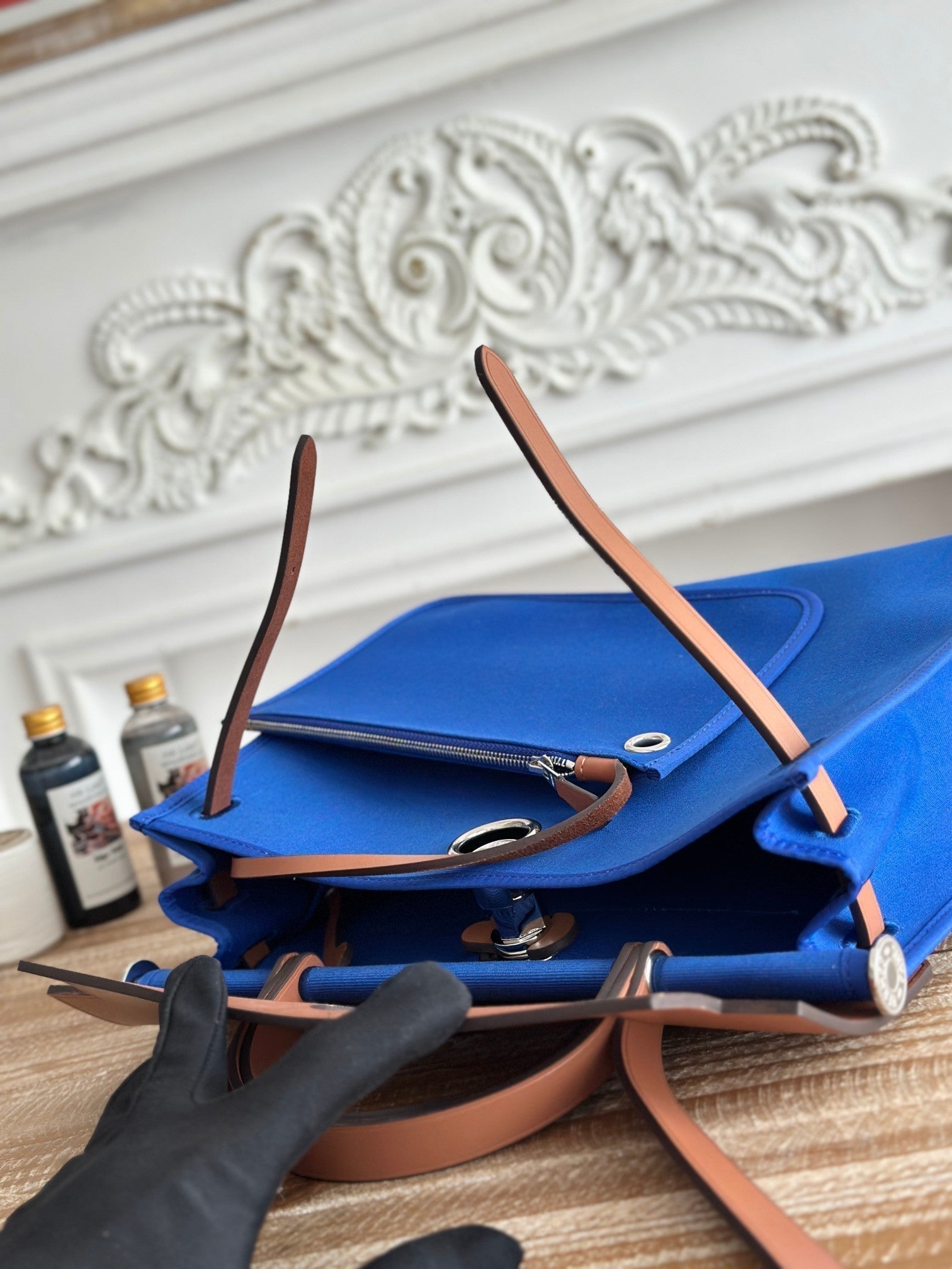 ZIP CABINE 31 BAG IN COBALT BLUE CANVAS AND BRONZE BROWN CALFSKIN