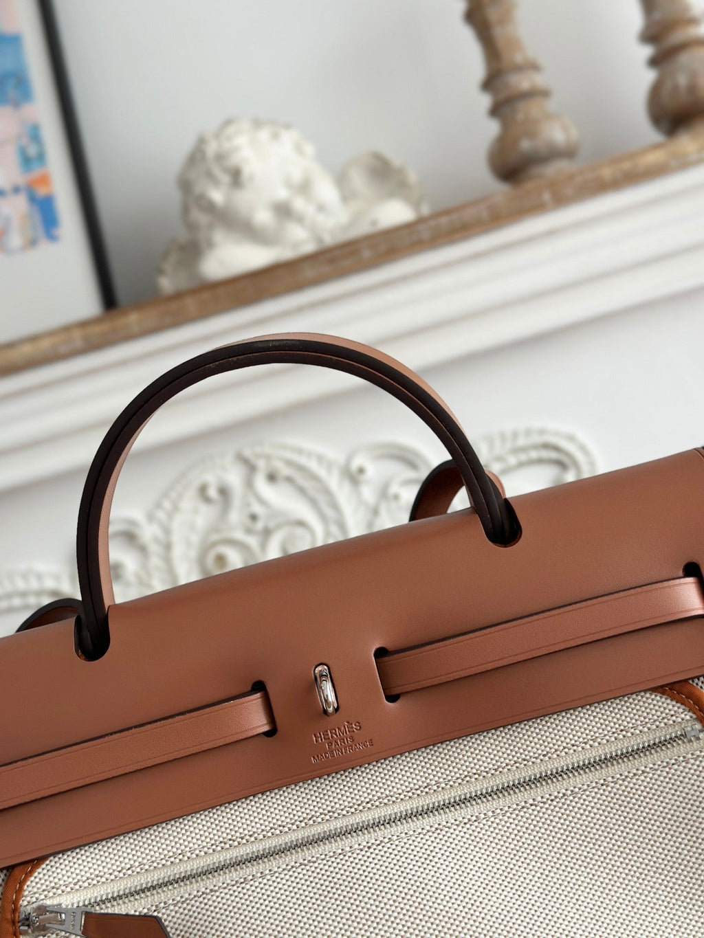 HERBAG ZIP 31 LAQUERED BAG IN OFF-WHITE MIX BROWN H PLUME CANVAS AND BROWN COWHIDE