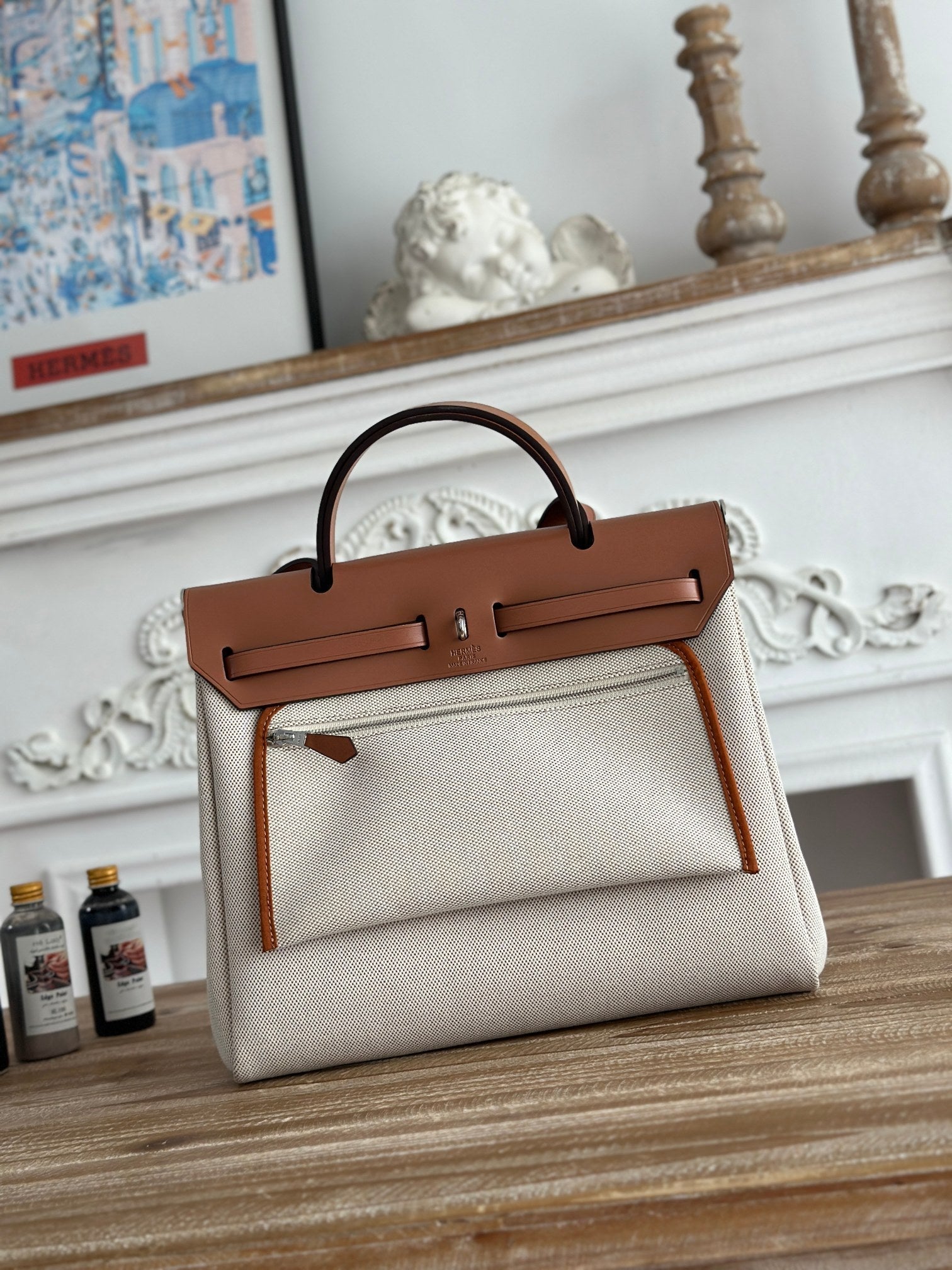 HERBAG ZIP 31 LAQUERED BAG IN OFF-WHITE MIX BROWN H PLUME CANVAS AND BROWN COWHIDE