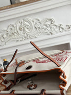 HERBAG ZIP 31 RETOURNE PEGASE POP BAG IN OFF-WHITE MIX RED CANVAS AND HUNTER COWHIDE