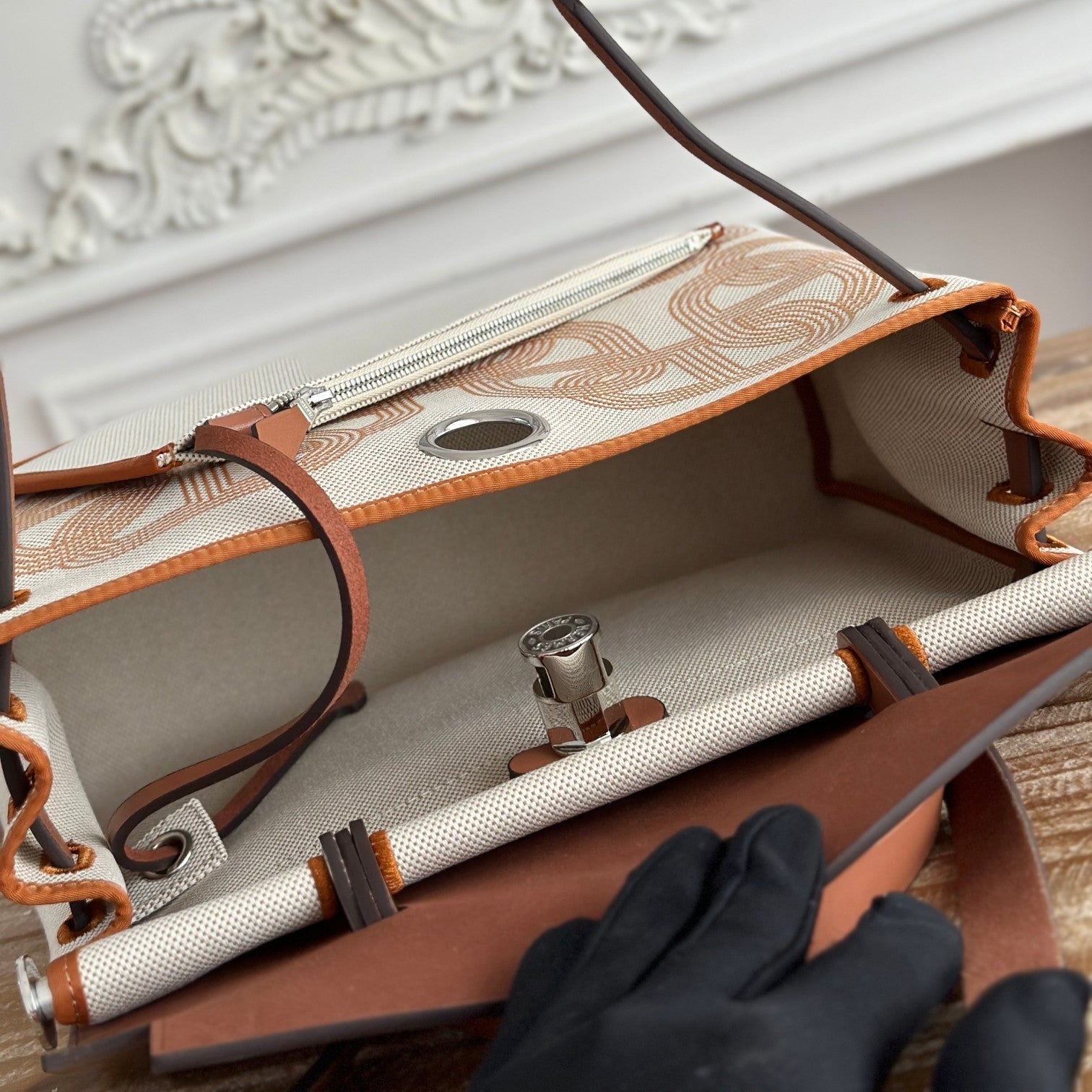 HERBAG ZIP 31 LAQUERED BAG IN OFF-WHITE MIX YELLOW H PLUME CANVAS