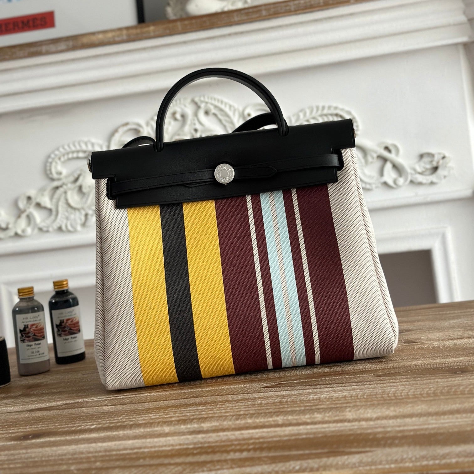 HERBAG ZIP 31 LAQUERED BAG IN BROWN MIX YELLOW H PLUME CANVAS