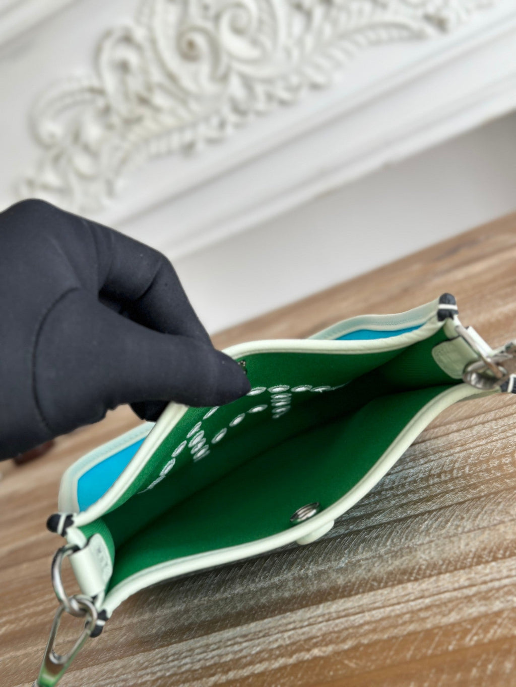 MINI NEO 17 EVELYNE BAG IN SKY BLUE CANVAS AND WHITE CALFSKIN