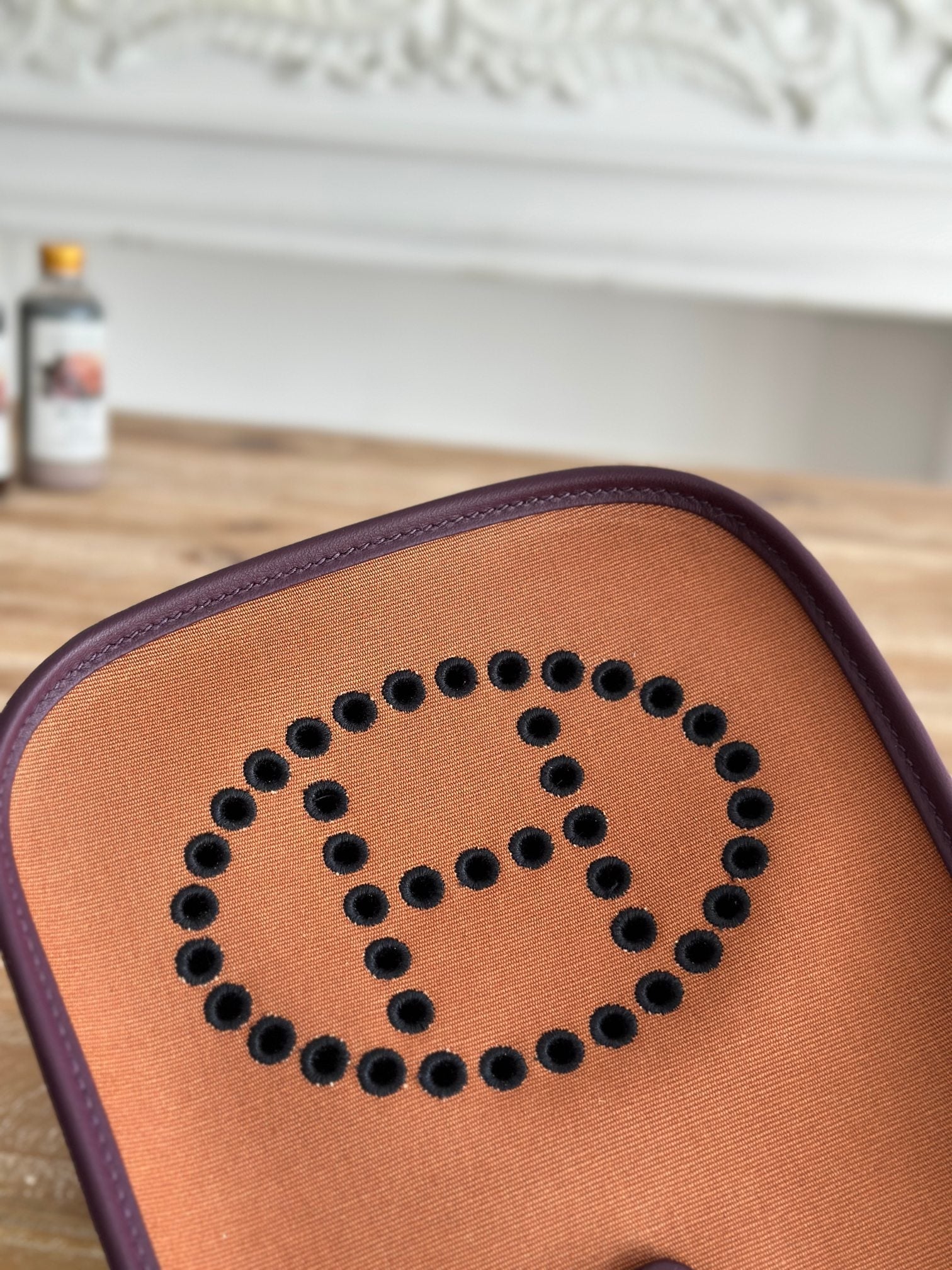 MINI NEO 17 EVELYNE BAG IN BRONZE BROWN CANVAS AND PLUM PURPLE CALFSKIN