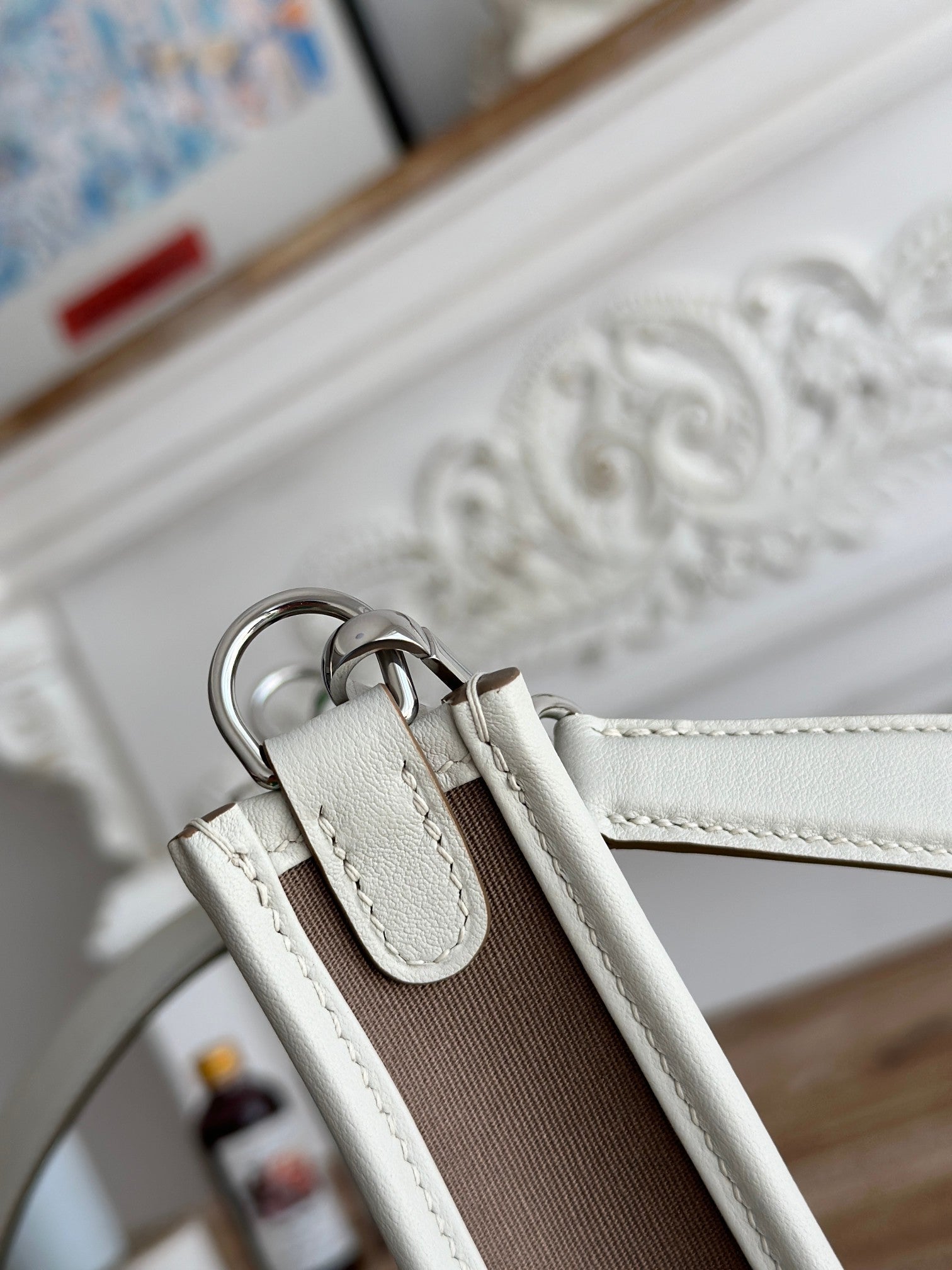 MINI NEO 17 EVELYNE BAG IN WENGE BROWN CANVAS AND WHITE CALFSKIN