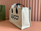 TOTE BAG PRINTED LOGO 41.5 IN WHITE CANVAS DARK BLUE CALFSKIN