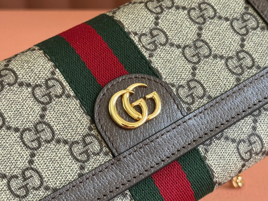 OPHIDIA WALLET ON GOLD CHAIN 19 IN BEIGE AND DARK BROWN CANVAS AND BROWN CALFSKIN