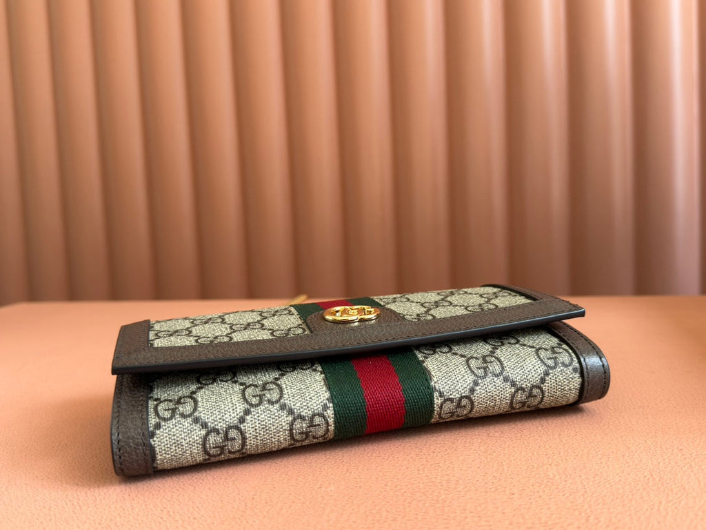 OPHIDIA WALLET ON GOLD CHAIN 19 IN BEIGE AND DARK BROWN CANVAS AND BROWN CALFSKIN