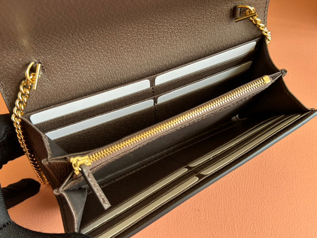 OPHIDIA WALLET ON GOLD CHAIN 19 IN BEIGE AND DARK BROWN CANVAS AND BROWN CALFSKIN