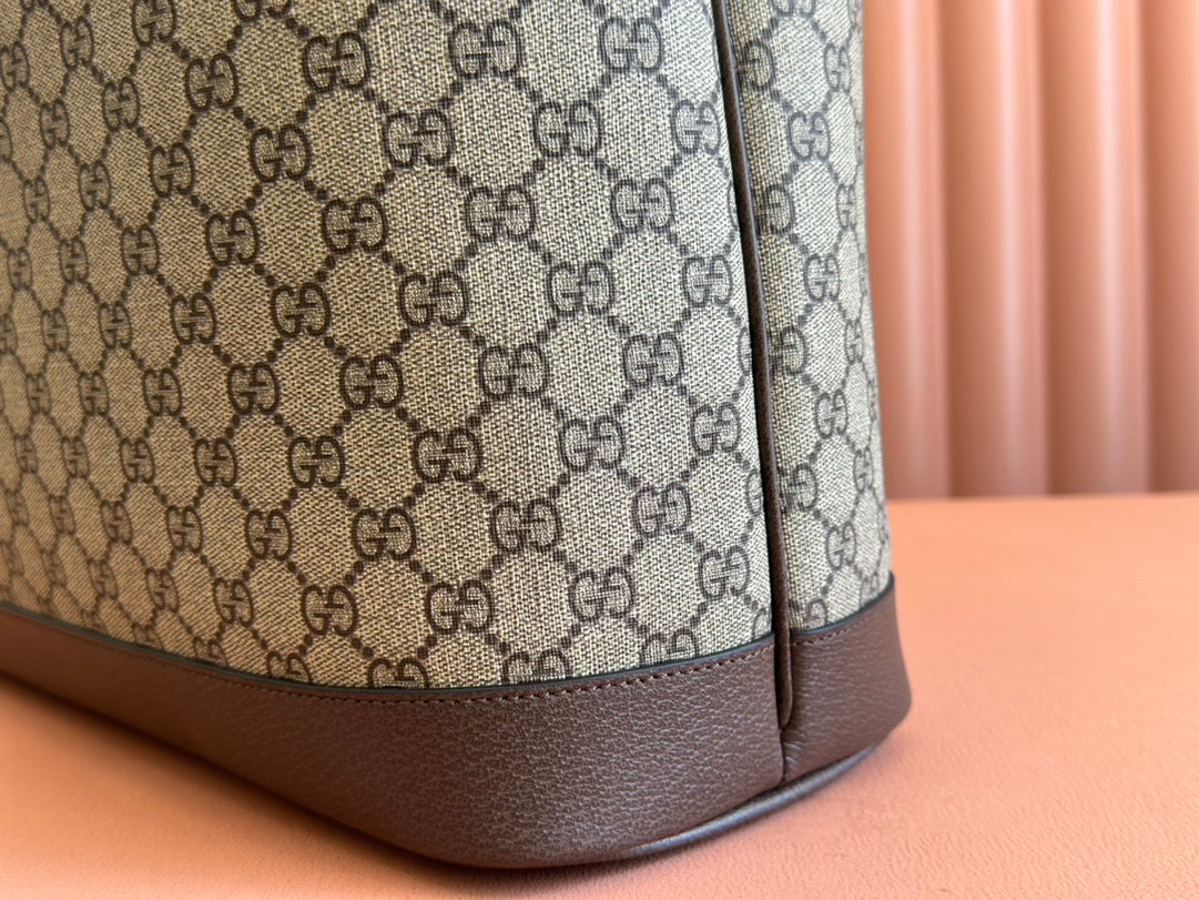 OPHIDIA MEDIUM TOTE BAG 38.5 BEIGE CANVAS AND BROWN CALFSKIN