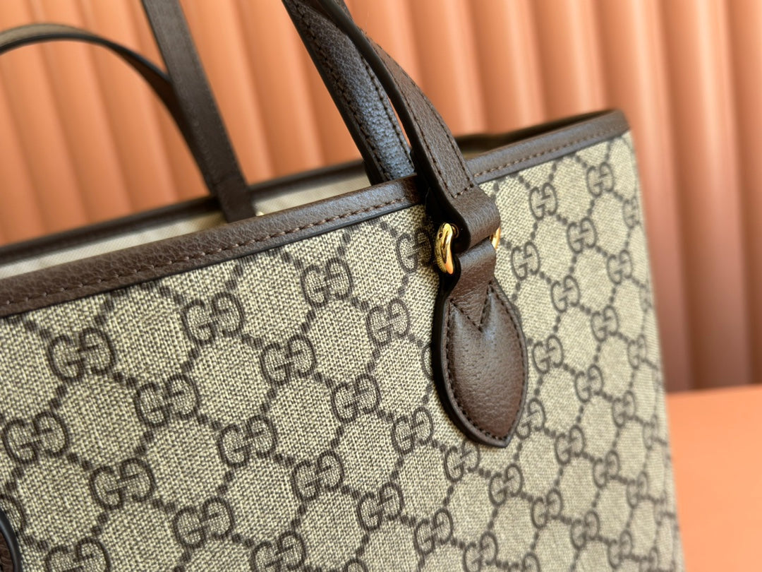 OPHIDIA MEDIUM TOTE BAG 38.5 BEIGE CANVAS AND BROWN CALFSKIN