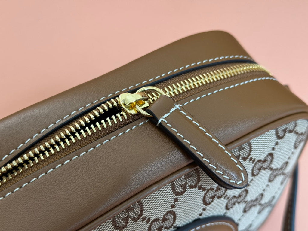 BLONDIE KLEINE SCHULTERTASCHE 21 IN BEIGE UND DUNKELBRAUNEM CANVAS, BRAUNES KALBSLEDER