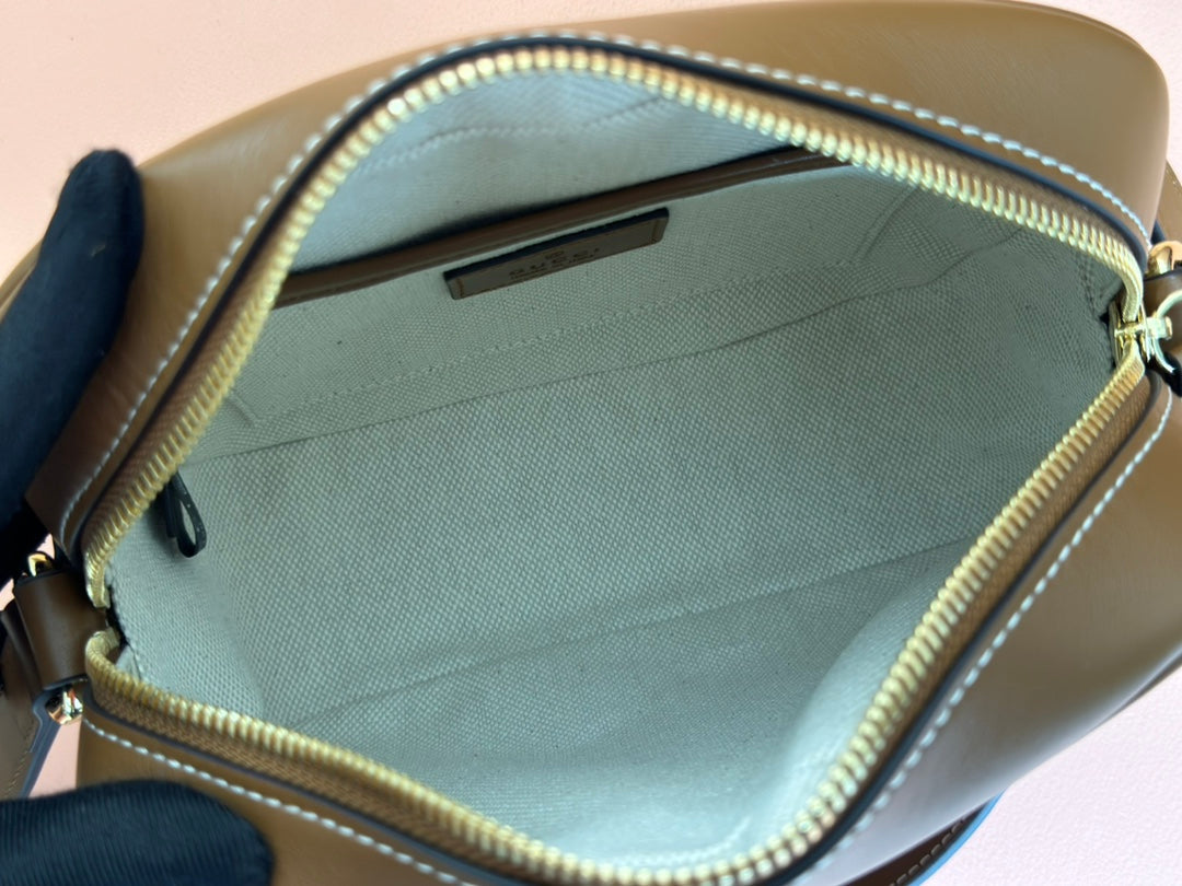 BLONDIE KLEINE SCHULTERTASCHE 21 IN BEIGE UND DUNKELBRAUNEM CANVAS, BRAUNES KALBSLEDER