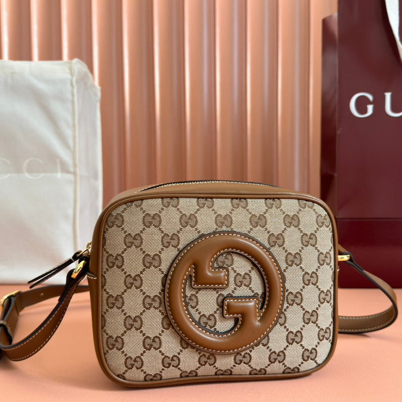 BLONDIE KLEINE SCHULTERTASCHE 21 IN BEIGE UND DUNKELBRAUNEM CANVAS, BRAUNES KALBSLEDER