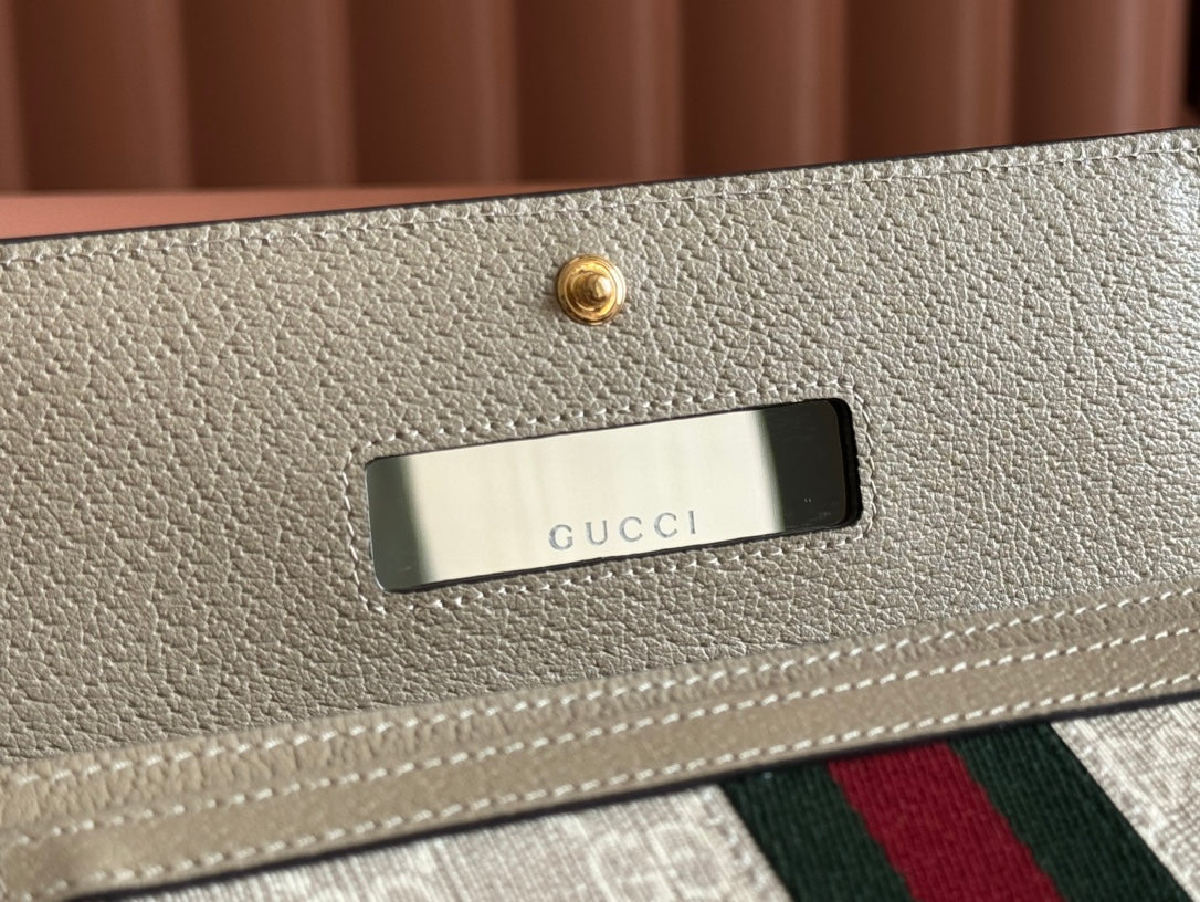 OPHIDIA GELDBÖRSE AN GOLDKETTE 19 IN HELLBEIGEM GG-CANVAS UND HELLBRAUNEM KALBSLEDER