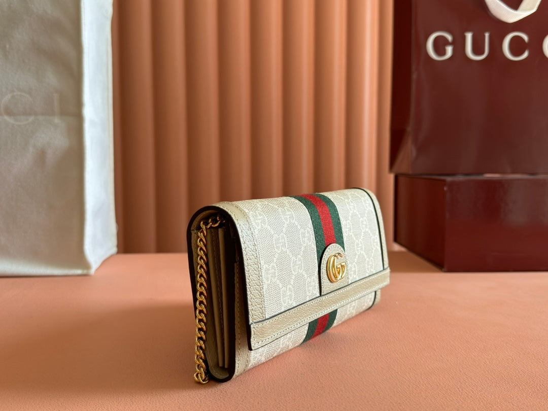 OPHIDIA GELDBÖRSE AN GOLDKETTE 19 IN HELLBEIGEM GG-CANVAS UND HELLBRAUNEM KALBSLEDER