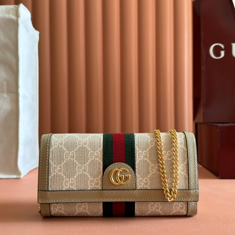 OPHIDIA GELDBÖRSE AN GOLDKETTE 19 IN HELLBEIGEM GG-CANVAS UND HELLBRAUNEM KALBSLEDER