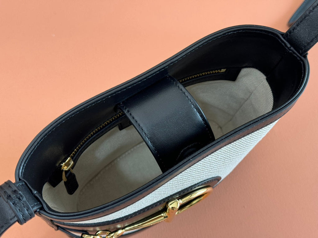 73 KLEINE EIMERTASCHE 20 AUS NATUR-CANVAS UND SCHWARZEM KALBSLEDER