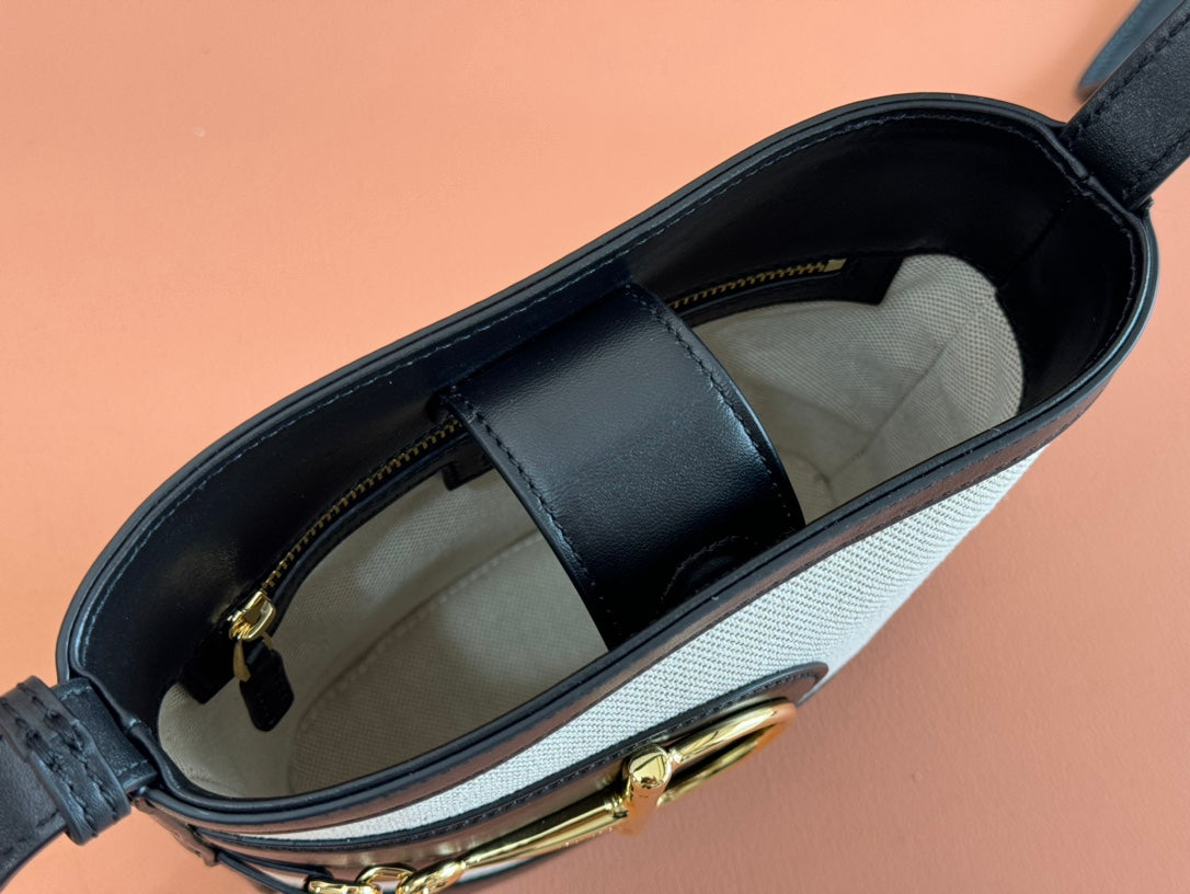 73 KLEINE EIMERTASCHE 20 AUS NATUR-CANVAS UND SCHWARZEM KALBSLEDER