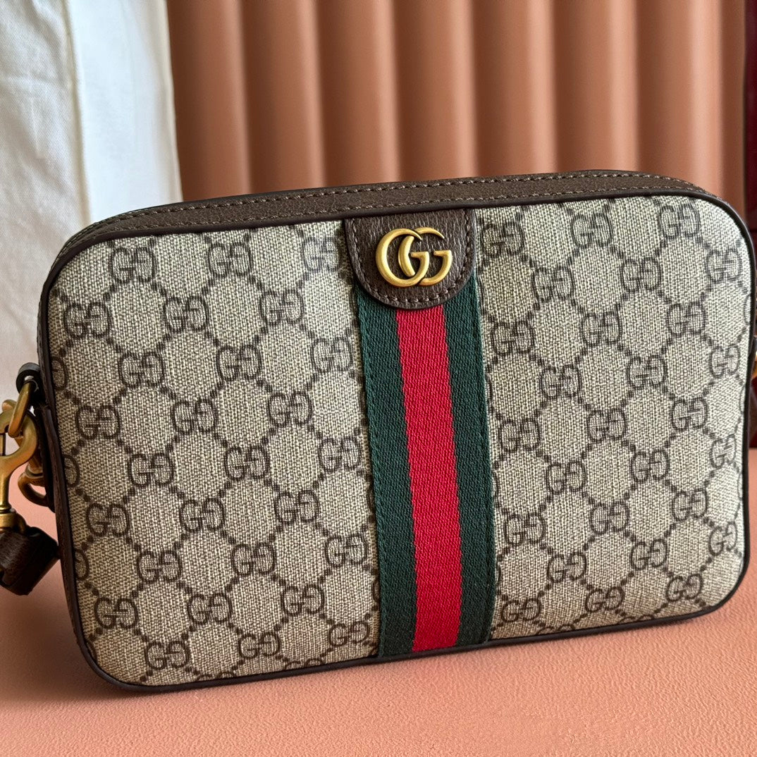 GG OPHIDIA KLEINE UMKEHRTASCHE 24 IN BEIGEM CANVAS UND BRAUNEM KALBSLEDER