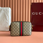 GG OPHIDIA KLEINE UMKEHRTASCHE 24 IN BEIGEM CANVAS UND BRAUNEM KALBSLEDER