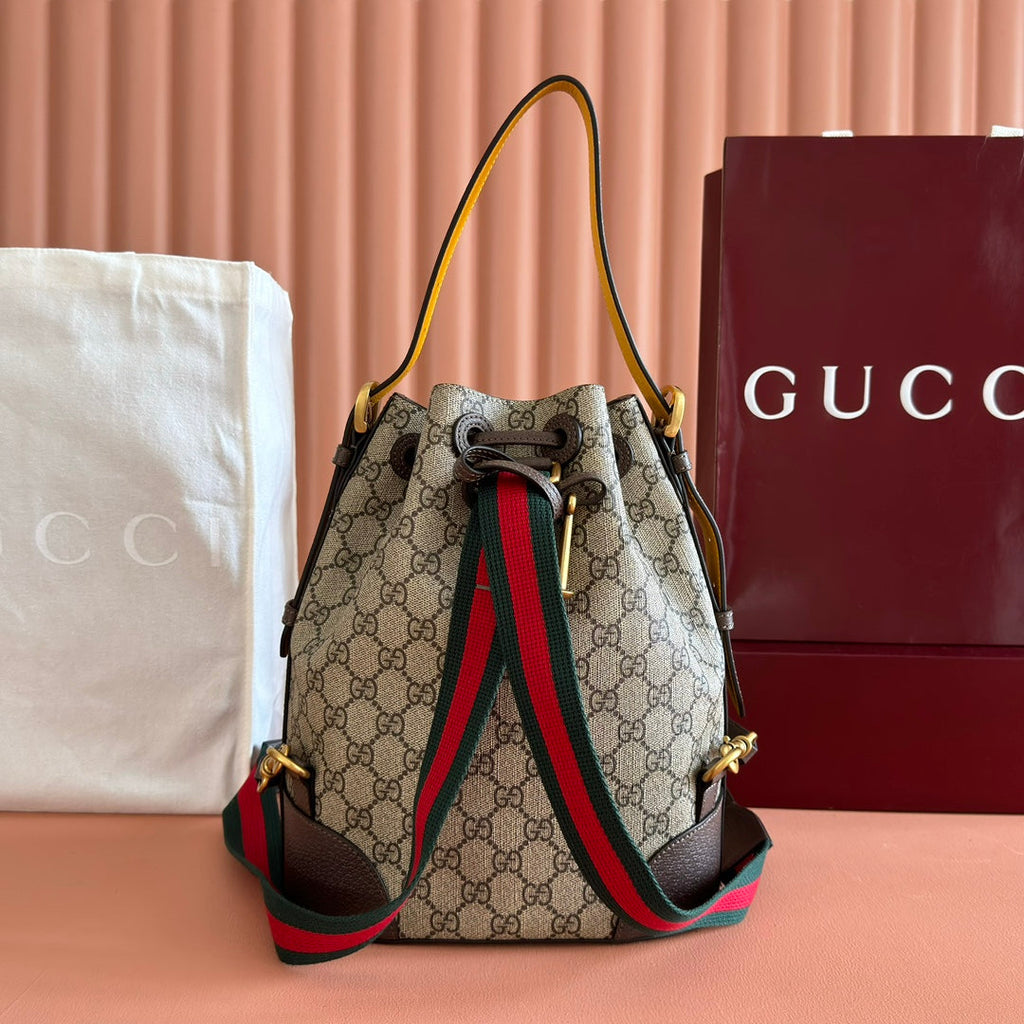 GUCCI Rucksack mit Kordelzug, Tigerkopf, 27 Zoll, braunes Canvas
