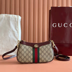 OPHIDIA SMALL SHOULDER BAG 26 IN BROWN CANVAS REDDISH BROWN LEATHER TRIM