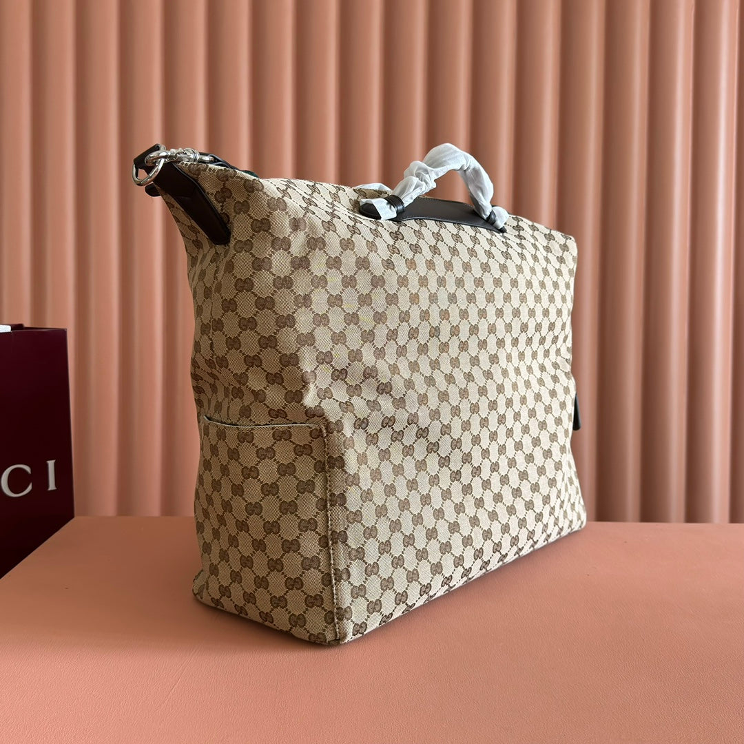 GUCCI 25S OPHIDIA MITTLERE DUFFLE-TASCHE 44 IN BEIGE CANVAS UND BRAUNEM KALBSLEDER