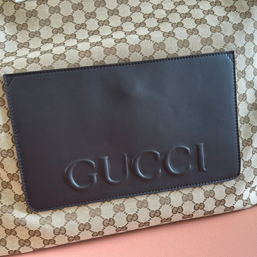 GUCCI 25S OPHIDIA MITTLERE DUFFLE-TASCHE 44 IN BEIGE CANVAS UND BRAUNEM KALBSLEDER