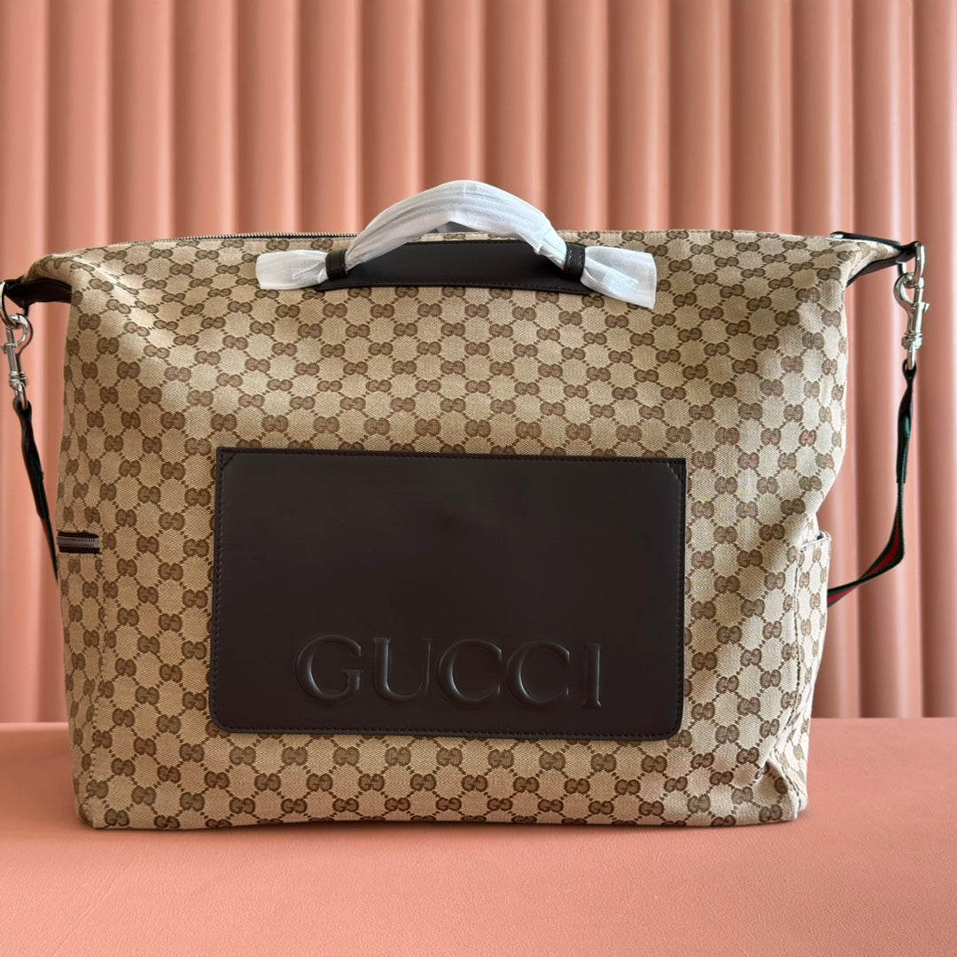 GUCCI 25S OPHIDIA MITTLERE DUFFLE-TASCHE 44 IN BEIGE CANVAS UND BRAUNEM KALBSLEDER