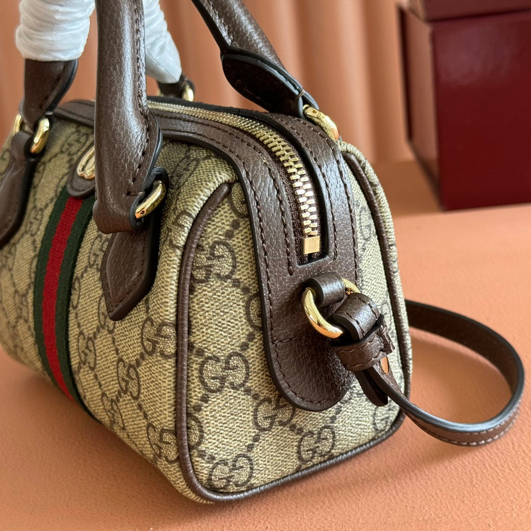 GUCCI 25S OPHIDIA MINI BOSTON TASCHE 16 IN BEIGE CANVAS UND BRAUNEM KALBSLEDER