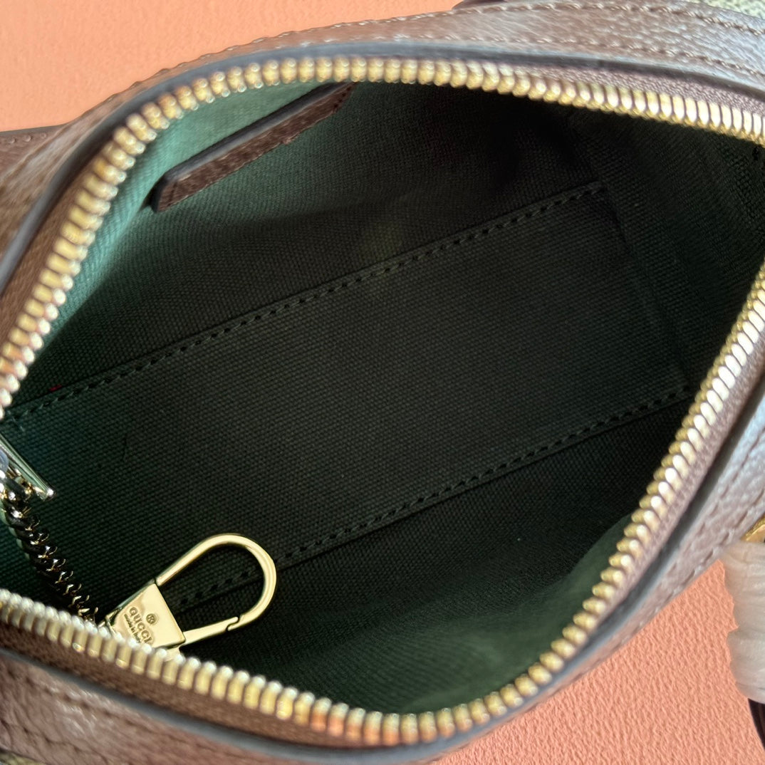 GUCCI 25S OPHIDIA MINI BOSTON TASCHE 16 IN BEIGE CANVAS UND BRAUNEM KALBSLEDER