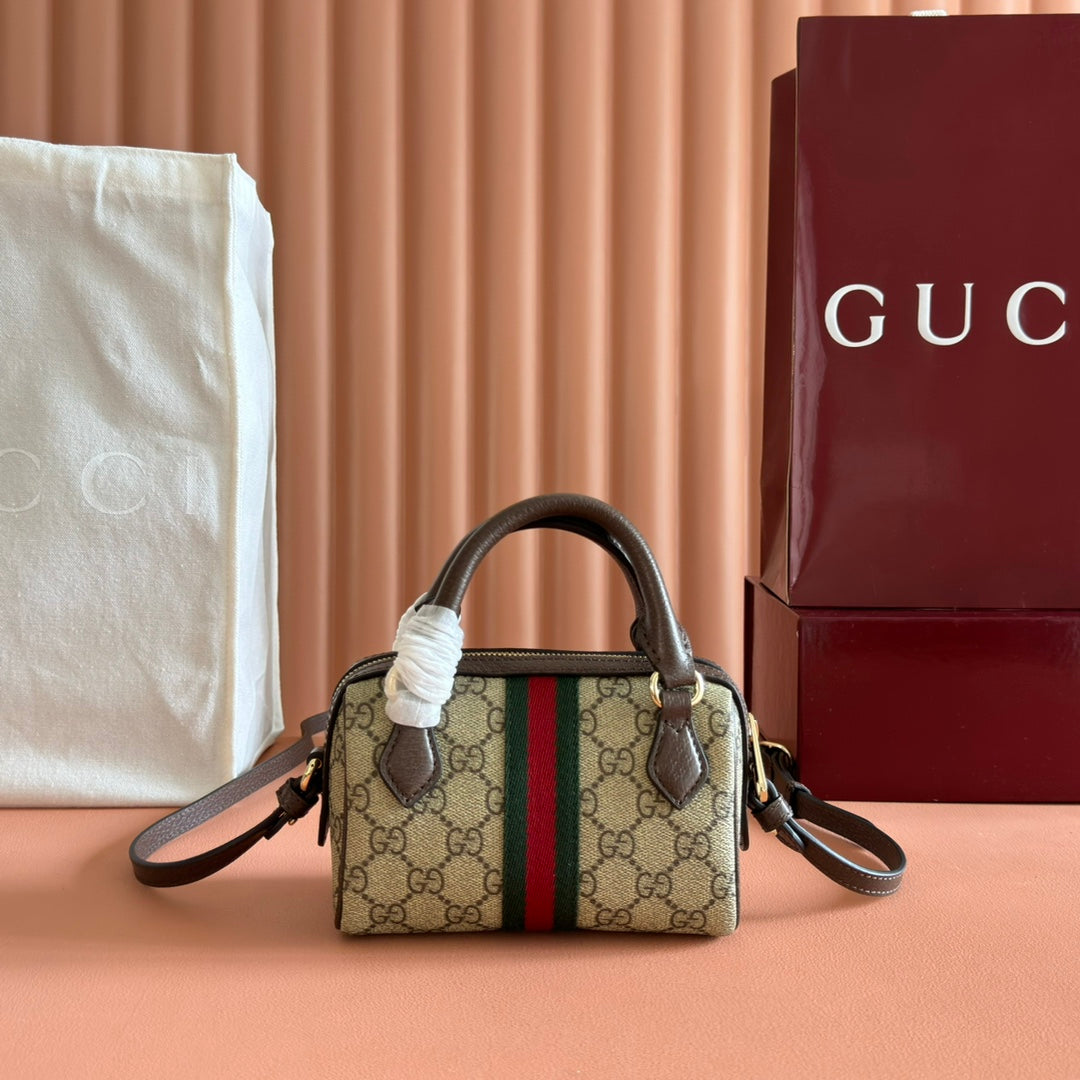 GUCCI 25S OPHIDIA MINI BOSTON TASCHE 16 IN BEIGE CANVAS UND BRAUNEM KALBSLEDER