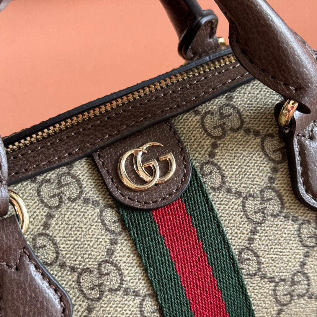 GUCCI 25S OPHIDIA MINI BOSTON TASCHE 16 IN BEIGE CANVAS UND BRAUNEM KALBSLEDER